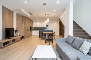 Modern townhome interior in Cerritos CA featuring open-concept living space and updated kitchen in a home under $1 million