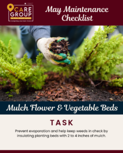 May home maintenance checklist showing homeowner adding mulch to flower and vegetable beds to protect landscaping and improve curb appeal in Southern California