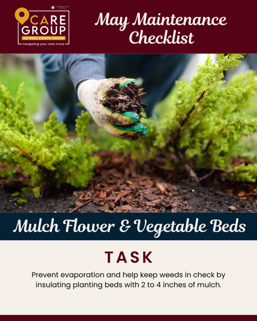 May home maintenance checklist showing homeowner adding mulch to flower and vegetable beds to protect landscaping and improve curb appeal in Southern California
