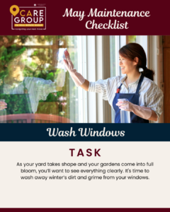 May home maintenance checklist showing homeowner washing windows to remove dirt and improve curb appeal in Southern California