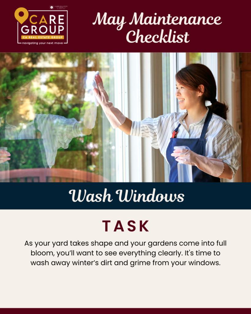 May home maintenance checklist showing homeowner washing windows to remove dirt and improve curb appeal in Southern California