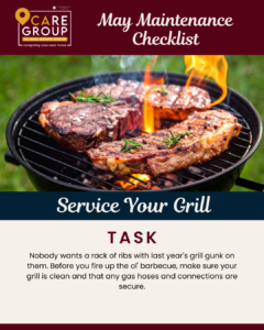 May home maintenance checklist reminding Southern California homeowners to service and clean their outdoor grill before barbecue season.