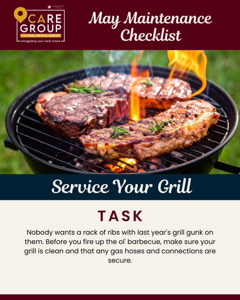 May home maintenance checklist reminding Southern California homeowners to service and clean their outdoor grill before barbecue season.
