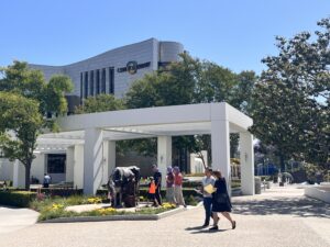 Cerritos Library and sculpture garden with walking paths showing daily life convenience in Cerritos CA