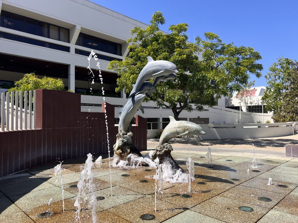 Cerritos Dolphins Fountain is a located in a cultural hub in the civic center of Cerritos CA well known for Master Planning that helped shape modern Cerritos, CA