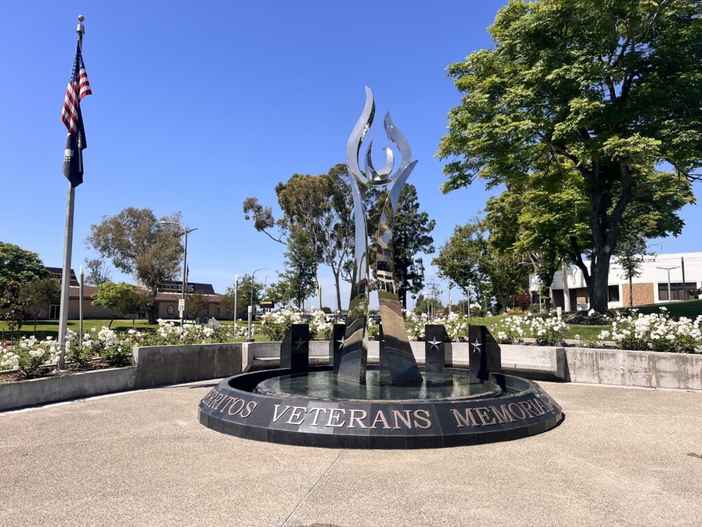 Cerritos Veterans Memorial monument and tribute wall in Cerritos CA honoring military service members in a landscaped civic setting