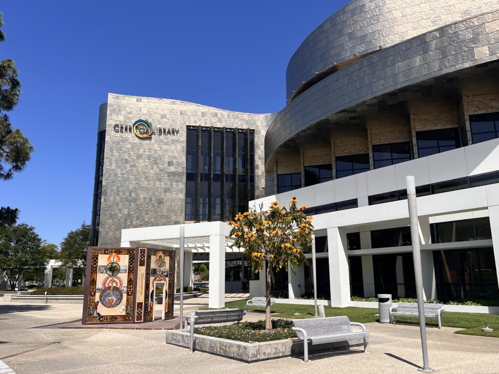 Cerritos Library exterior with Native American cultural outdoor art murals and exhibits in Cerritos CA civic center