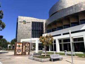 Cerritos Library exterior with Native American cultural outdoor art murals and exhibits in Cerritos CA civic center