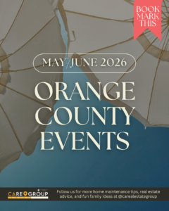 Elegant Orange County events graphic featuring beach umbrellas against a blue sky with text promoting May and June 2026 events in Orange County.