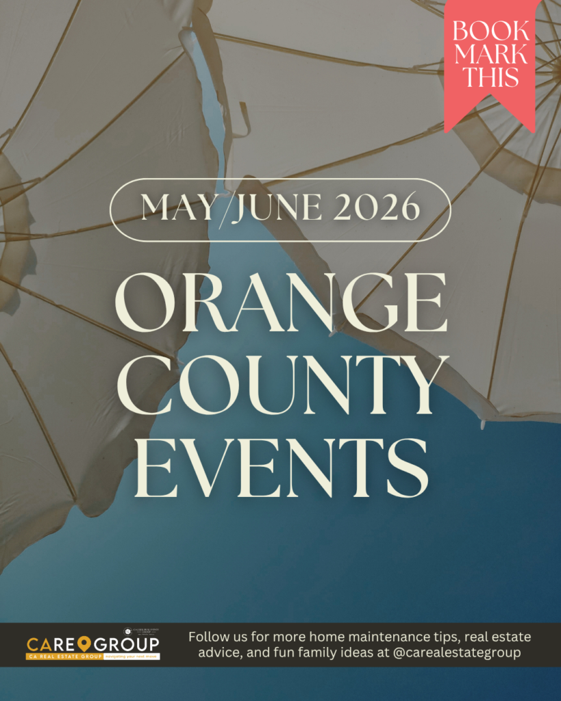 Elegant Orange County events graphic featuring beach umbrellas against a blue sky with text promoting May and June 2026 events in Orange County.