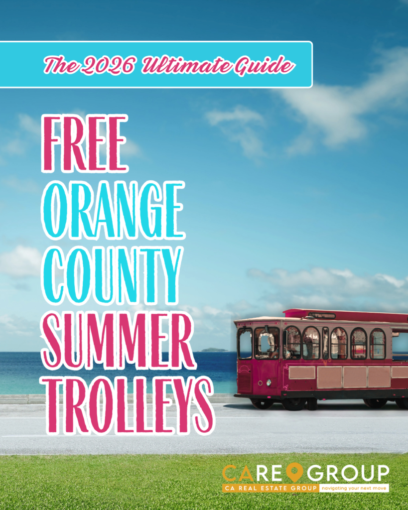 Free Orange County summer trolleys 2026 guide featuring OC coastal trolley transportation connecting Laguna Beach, Newport Beach, Dana Point, and South Orange County