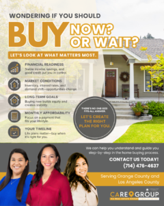 Modern real estate infographic asking whether buyers should buy a home now or wait in Southern California.
