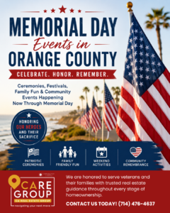 Patriotic Memorial Day events graphic featuring American flags along the Orange County coastline promoting family-friendly Memorial Day celebrations and ceremonies in Orange County, California.