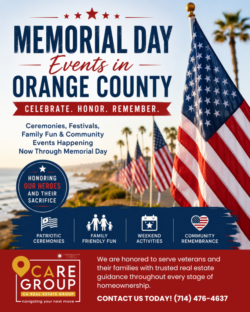 Patriotic Memorial Day events graphic featuring American flags along the Orange County coastline promoting family-friendly Memorial Day celebrations and ceremonies in Orange County, California.
