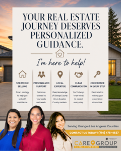 Personalized real estate guidance graphic featuring a luxury home background and messaging about strategic selling, local expertise, and personalized support in Orange County and Los Angeles County.