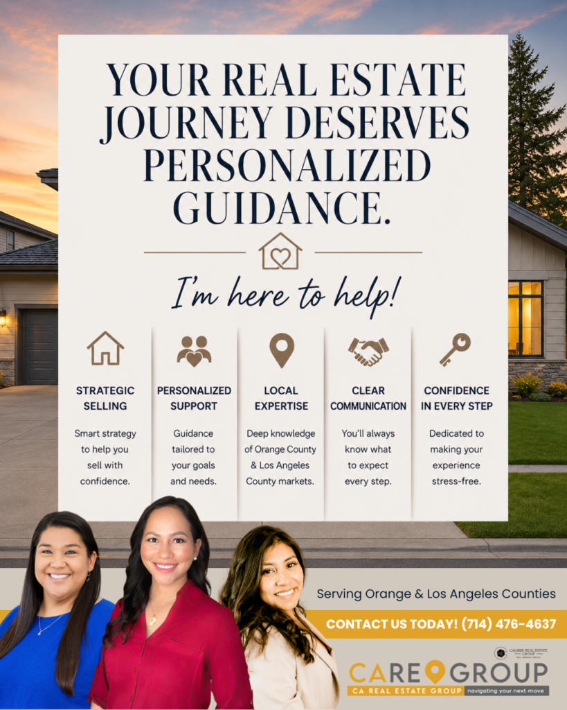 Personalized real estate guidance graphic featuring a luxury home background and messaging about strategic selling, local expertise, and personalized support in Orange County and Los Angeles County.
