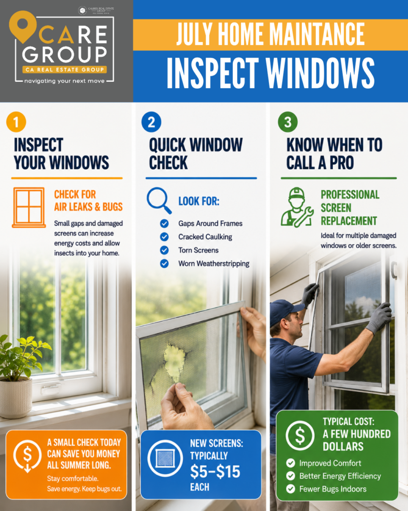 Homeowner inspecting window screens and checking for air leaks around windows during summer home maintenance