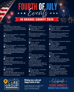Orange County Fourth of July events guide featuring fireworks shows, patriotic celebrations, festivals, boat parades, concerts, and family-friendly activities happening throughout Orange County in July 2026.