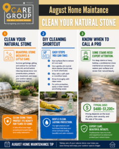 Homeowner cleaning natural stone patio and outdoor countertops with a pH-neutral cleaner as part of August home maintenance