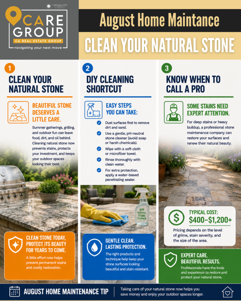 Homeowner cleaning natural stone patio and outdoor countertops with a pH-neutral cleaner as part of August home maintenance