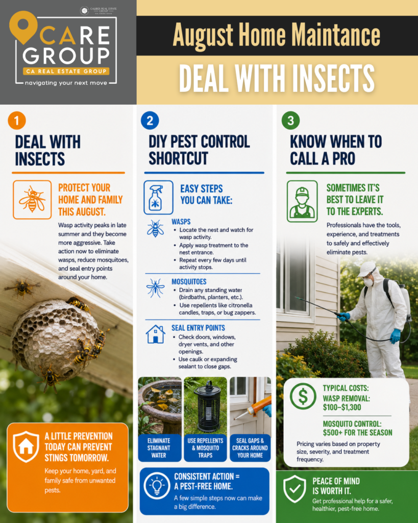 August pest control tips for homeowners to manage wasps, eliminate standing water, reduce mosquitoes, and seal insect entry points