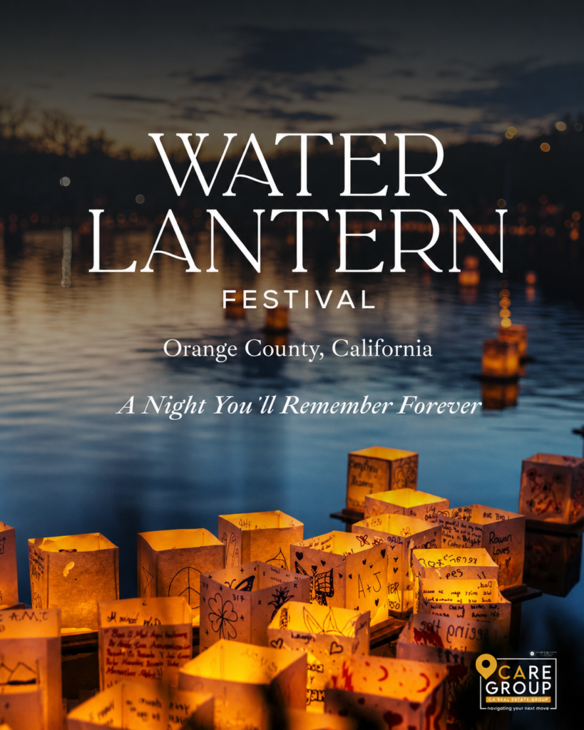 Water Lantern Festival Orange County 2026 featuring glowing lanterns on the water at sunset in Santa Ana, California.