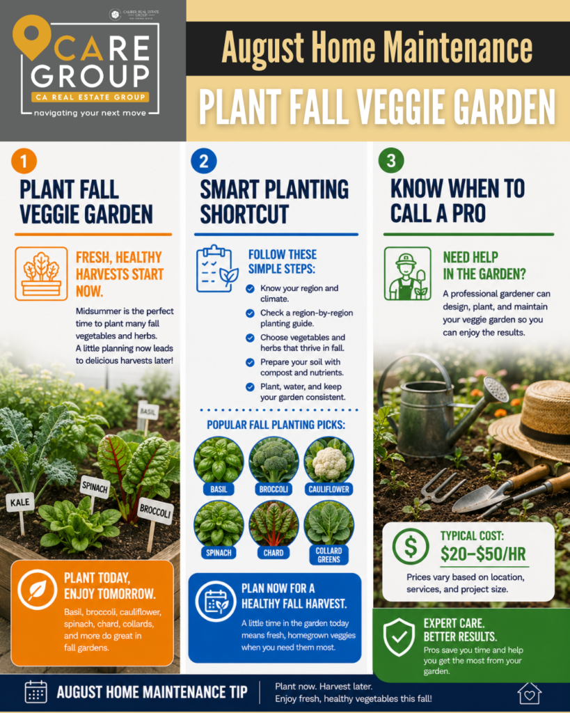 Fall vegetable garden with broccoli, spinach, chard, collard greens, and herbs as part of August home maintenance