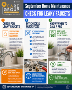 Homeowner checking a dripping faucet for leaks and water waste during September home maintenance in Southern California