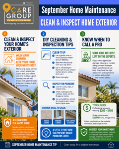 Southern California stucco home being cleaned and inspected for cracks, damaged caulking, and summer buildup during September home maintenance
