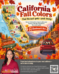 California fall colors 2026 illustrated map showing Shasta Cascade, Lake Tahoe, Yosemite, Sequoia and Kings Canyon, Central Coast and San Diego mountains, with a family car on a fall road trip