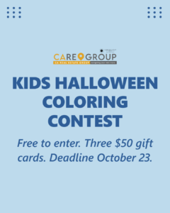 CARE Group Kids Halloween Coloring Contest 2026, free to enter for Kindergarten through 6th grade with three $50 Amazon gift card prizes