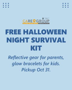 Free Halloween Night Survival Kit from CARE Group with a reflective safety sash for parents, glow bracelets for kids, and Halloween treats
