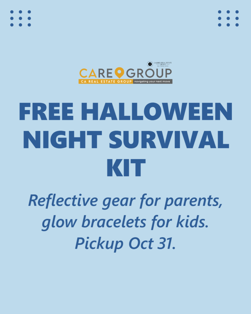 Free Halloween Night Survival Kit from CARE Group with a reflective safety sash for parents, glow bracelets for kids, and Halloween treats