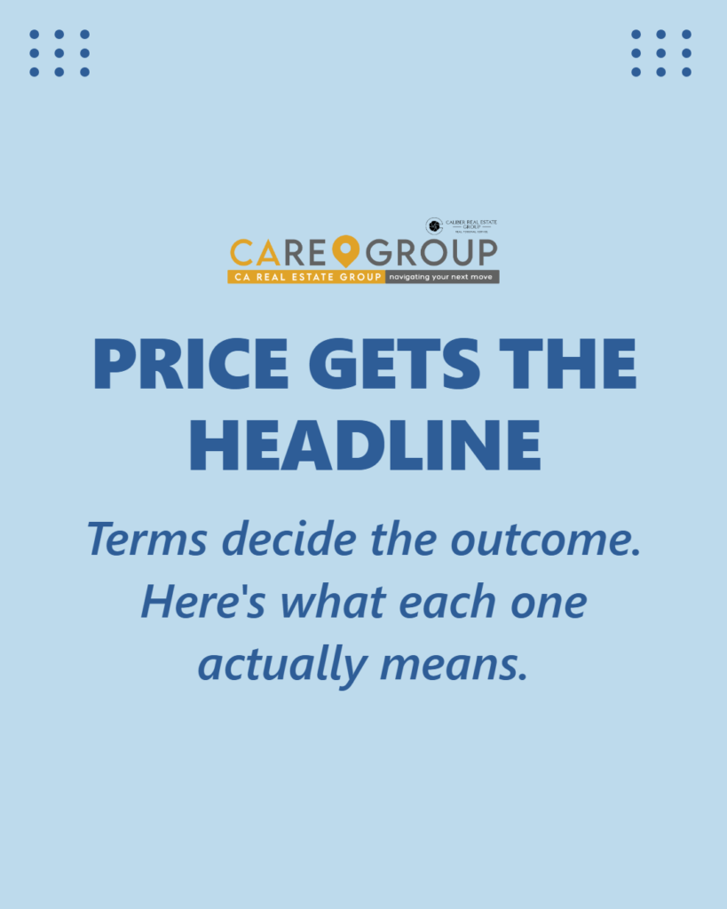 Price and terms in a real estate offer: list price, offer price, appraised value, net proceeds, and the terms that decide the outcome