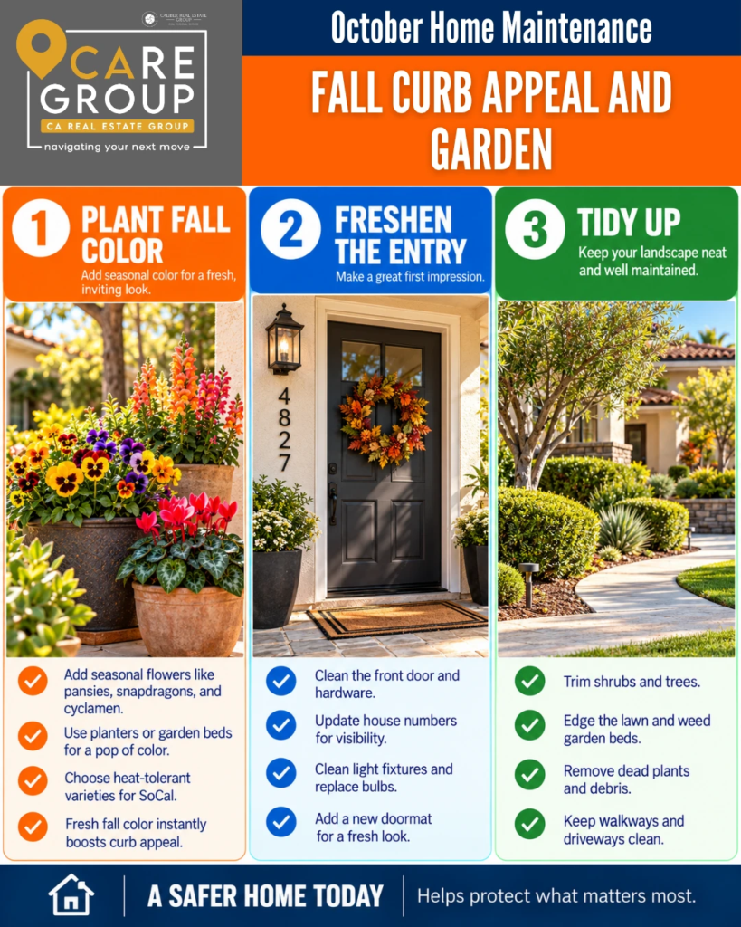 Southern California front entry with fall flower planters, a freshly painted front door, and a tidy walkway