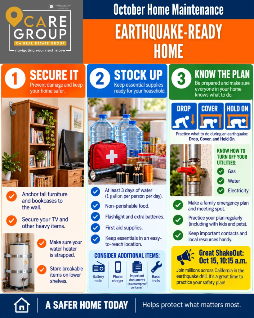 Southern California living room with an anchored bookcase, secured TV, and emergency kit for earthquake preparedness