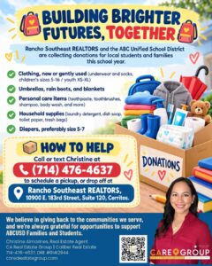 Building Brighter Futures, Together donation drive flyer with Christine Almarines: clothing, rain gear, personal care items, household supplies, and diapers for ABC Unified students and families