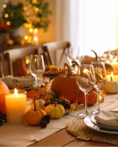 Autumn dining table with pumpkins, candles, and place settings ready for holiday hosting
