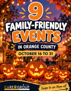 Graphic: 9 family-friendly October events in Orange County, October 16 to 31, 2026, with glowing jack-o'-lanterns, fall leaves and string lights