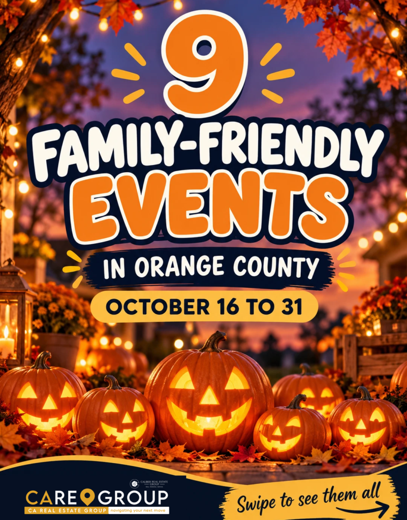 Graphic: 9 family-friendly October events in Orange County, October 16 to 31, 2026, with glowing jack-o'-lanterns, fall leaves and string lights