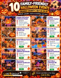 Graphic: 10 family-friendly Halloween events in Orange County, October 23 to 25, 2026, including the Anaheim Halloween Parade and the OC Zoo Halloween Zoo-Tacular