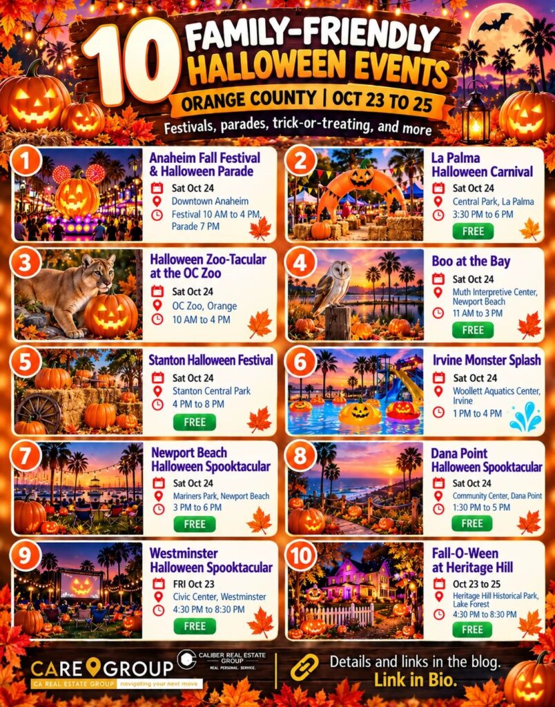 Graphic: 10 family-friendly Halloween events in Orange County, October 23 to 25, 2026, including the Anaheim Halloween Parade and the OC Zoo Halloween Zoo-Tacular