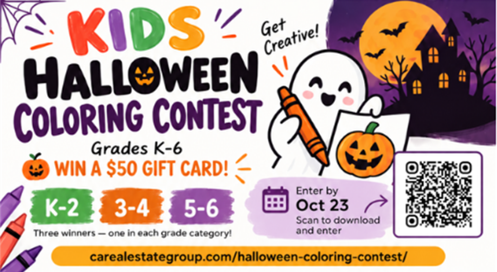 Kids Halloween Coloring Contest flyer: grades K-6, win a gift card, enter by October 23