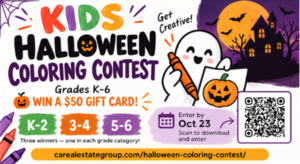 Kids Halloween Coloring Contest flyer: grades K-6, win a gift card, enter by October 23