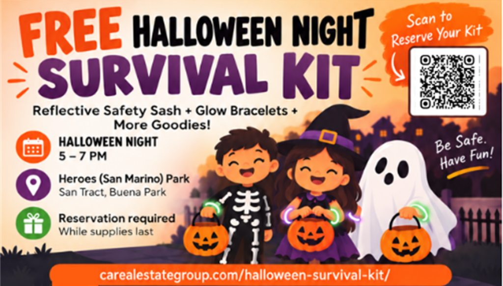 Free Halloween Night Survival Kit flyer: reflective safety sash and glow bracelets, Halloween night 5 to 7 PM at Heroes Park, Buena Park