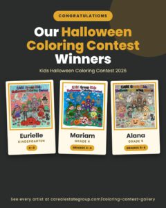 Kids Halloween coloring contest winners Eurielle, Mariam, and Alana shown with their coloring pages