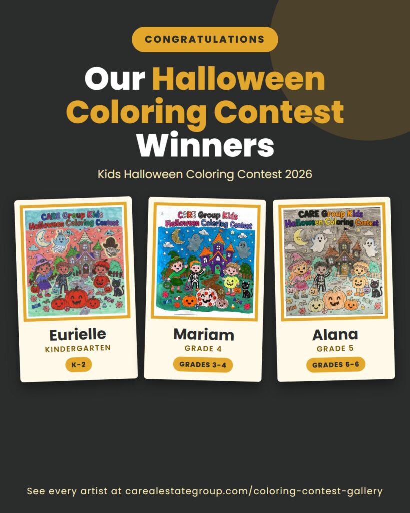 Kids Halloween coloring contest winners Eurielle, Mariam, and Alana shown with their coloring pages
