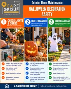 Halloween-decorated front porch with LED pumpkin candles, checked light cords, and secured inflatables