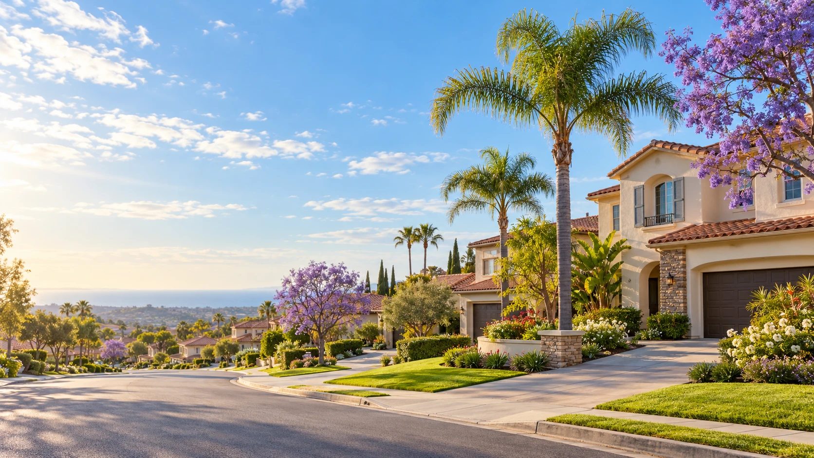 Southern California neighborhood street with palm trees and homes