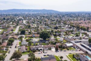 Aerial view of a Southern California neighborhood of single-family homes